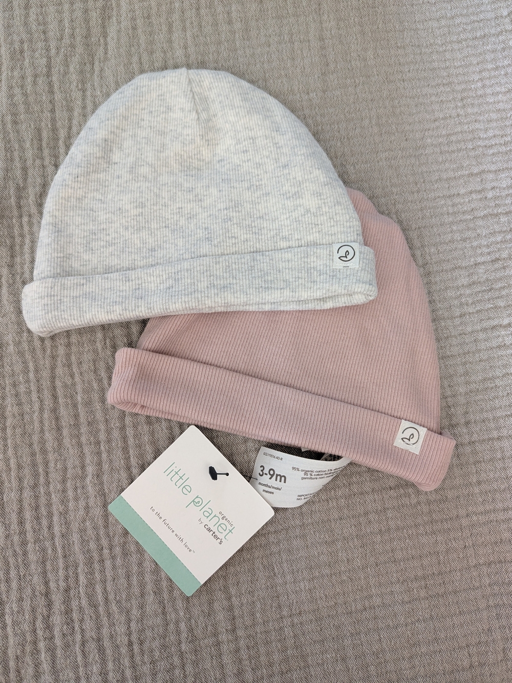 little planet by carter's Organic Cotton Rib Beanie Set Pink & Grey, Baby 3-9M